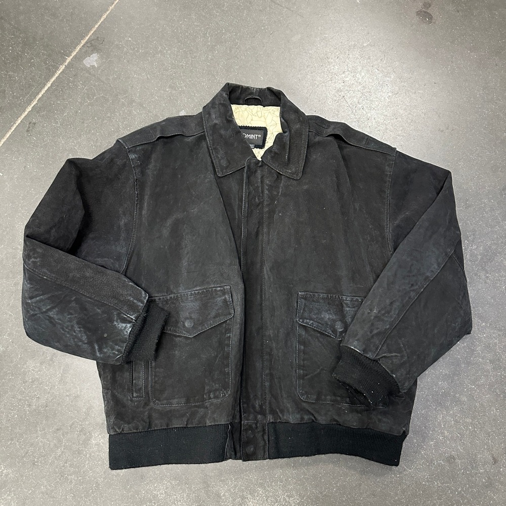 Vintage 90s Comint Mens Black Suede Bomber Jacket Map Lining Flight Coat 2XL